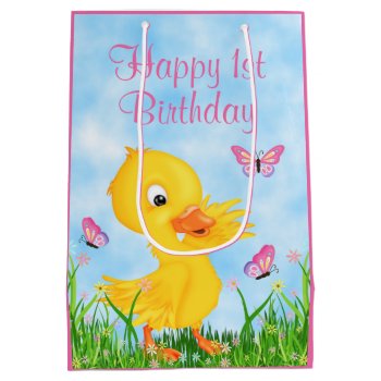 Cute Girl Yellow Duckling Happy 1st Birthday Medium Gift Bag by TheCutieCollection at Zazzle