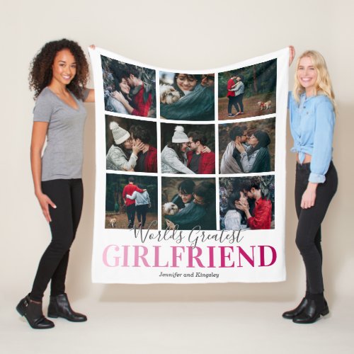 Cute Girlfriend Gift | Worlds Greatest Photo Fleece Blanket - Personalized girlfriend fleecy blanket featuring a stylish white background that can be changed to any color, a 9 picture collage template for you to customize, the saying "worlds greatest girlfriend", and your names.