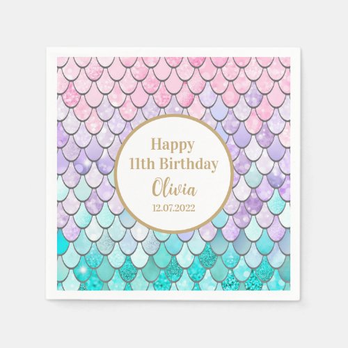 Cute Girls 11th Mermaid Birthday Party Birth Date Napkins