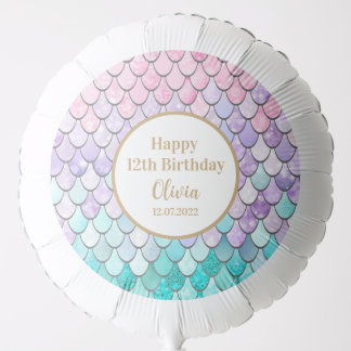 Cute Girls 12th Mermaid Birthday Party Birth Date Balloon