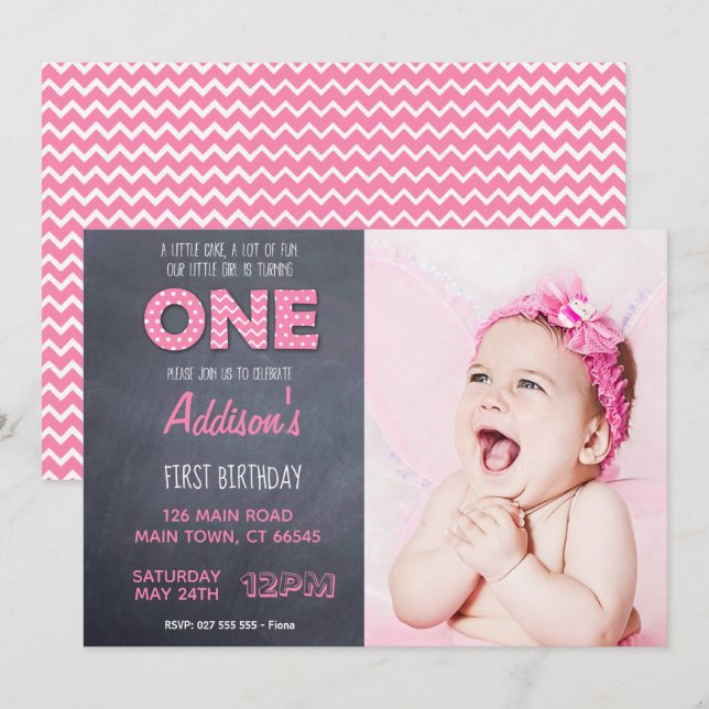 Cute Girls 1st Birthday Pink Chalkboard Invitation (Front/Back)