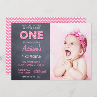 Cute Girls 1st Birthday Pink Chalkboard Invitation