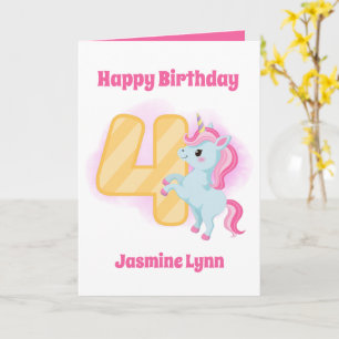 cute girls 4th Birthday unicorn add name sentiment Card