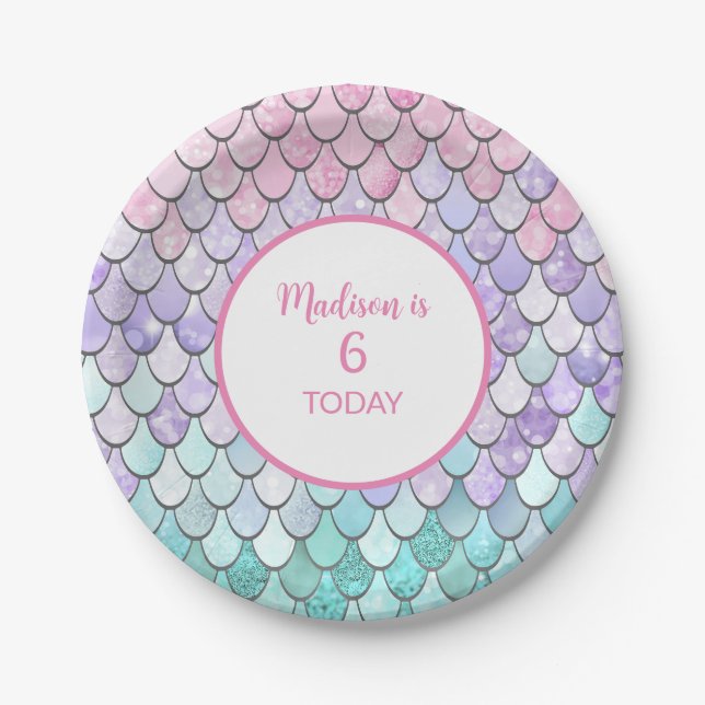Cute Girls 6th Birthday Mermaid Theme Party Paper Plates (Front)