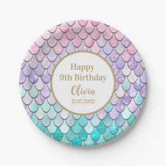 Cute Girls 9th Birthday Mermaid Party Birth Date Paper Plates