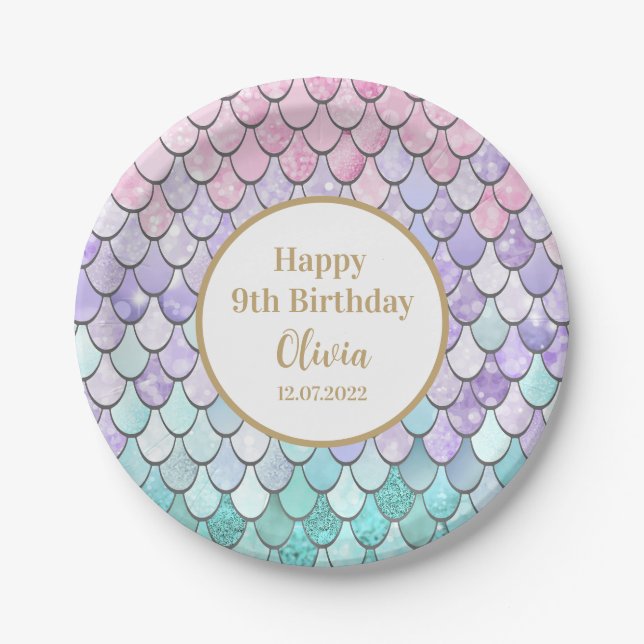 Cute Girls 9th Birthday Mermaid Party Birth Date Paper Plates (Front)