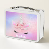 Pink Purple Glitter Unicorn Fantasy Girls Custom Metal Lunch Box