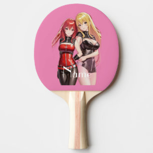 anime girl holding a ping pong paddle in front of a table