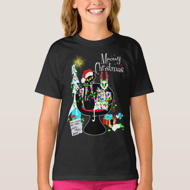 Cute Girls Atomic Cat Meowy Christmas T-Shirt (Front)