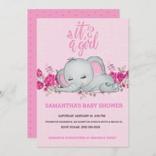 Cute Girls Baby Elephant Sleeping Floral Pink  Invitation