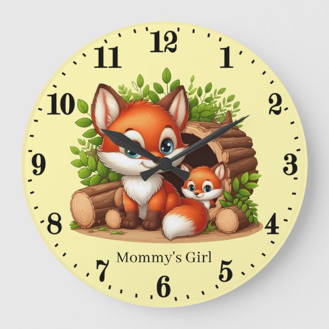 Cute girls baby fox add name  large clock (Front)