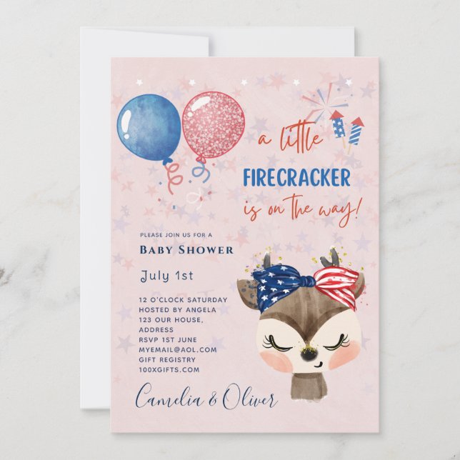 Cute Girls Baby Shower US Little Firecracker Deer  Invitation (Front)