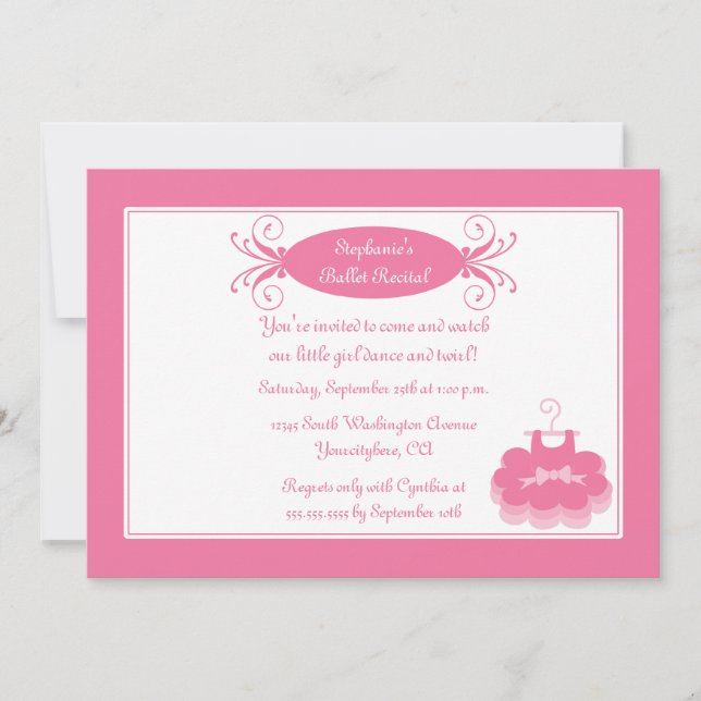 Cute girl's ballerina dance recital invitation (Front)