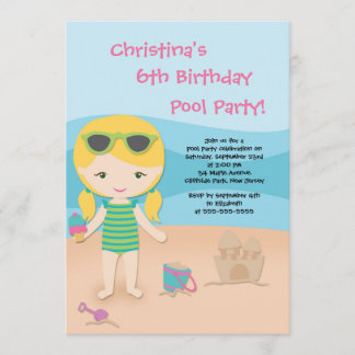 Cute Girls Beach Party Birthday Party Invitations