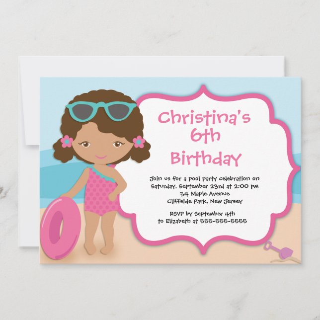 Cute Girls Beach Party Birthday Party Invitations (Front)
