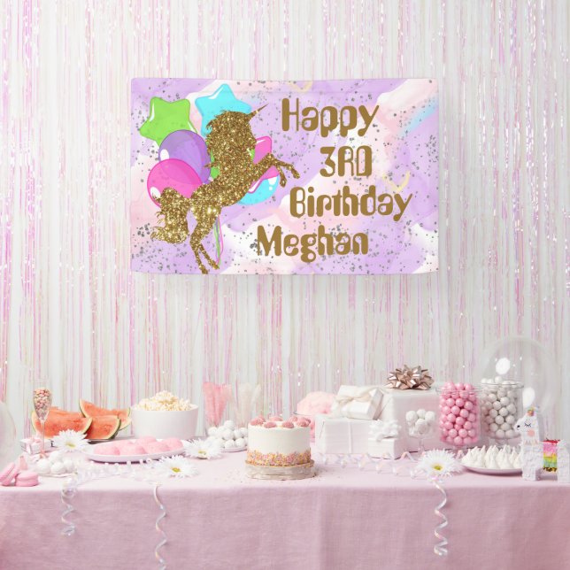 cute girls Birthday unicorn add name party Banner (Party)
