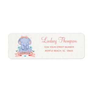Cute Girls Blue Elephant Coral Pink Return Address Label