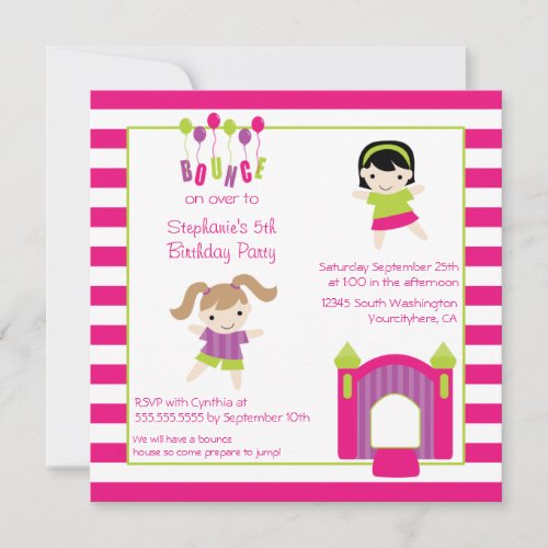 Cute girls bounce house party birthday invitation