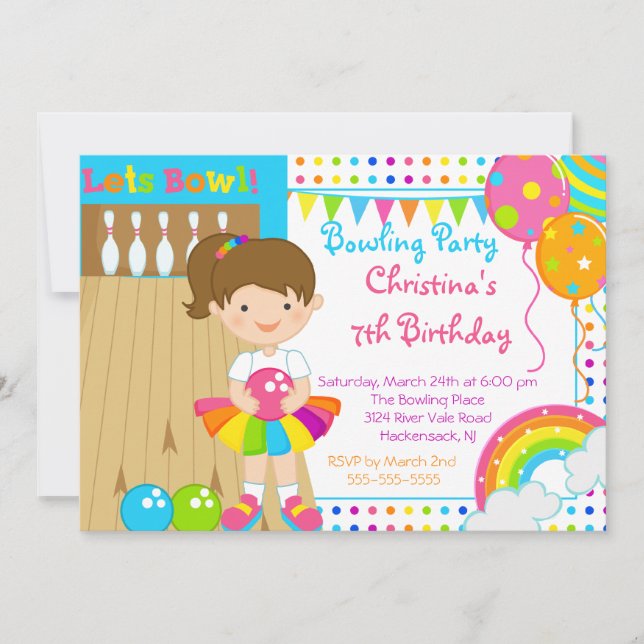 Cute Girls Bowling Birthday Party Invitation (Front)