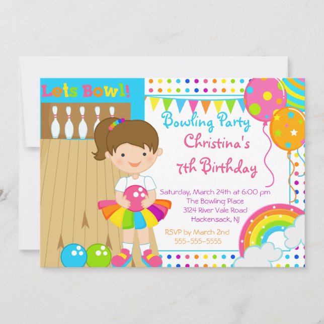 Cute Girls Bowling Birthday Party Invitation (Front)