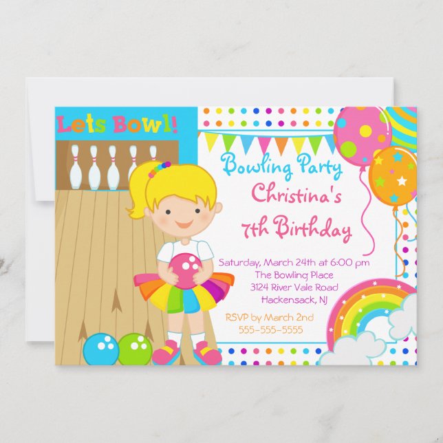 Cute Girls Bowling Birthday Party Invitation (Front)
