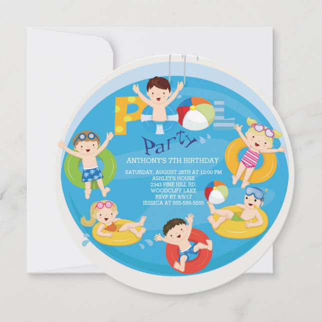 Cute Girls & Boys Pool Birthday Invitation (Front)