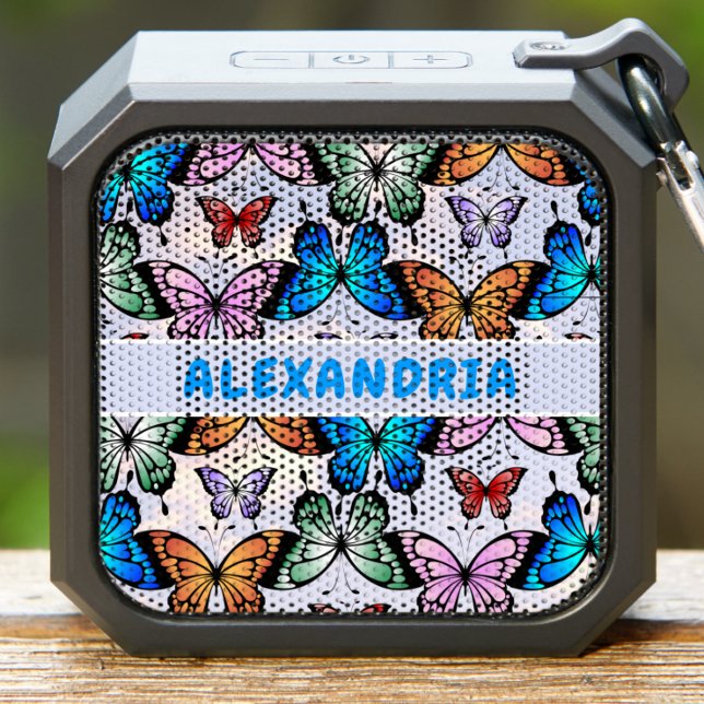 Cute Girls Butterfly Pattern Whimsical Blue Name Bluetooth Speaker