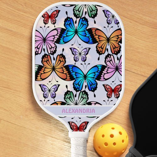 Cute Girls Butterfly Pattern Whimsical Blue Name Pickleball Paddle