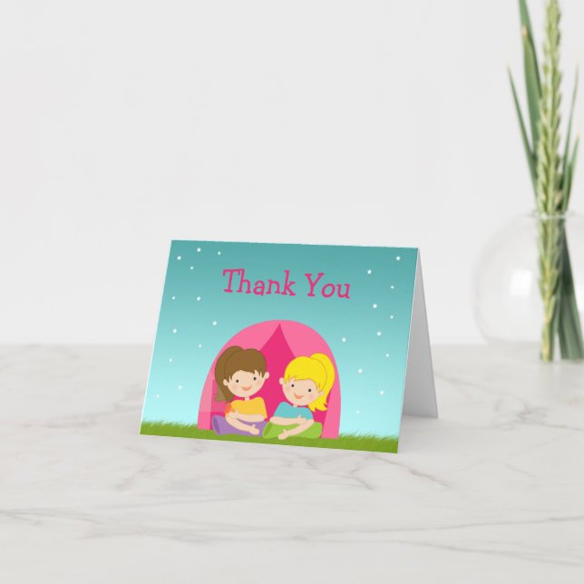 Cute Girls Camping Birthday Party Thank You Card (Front)