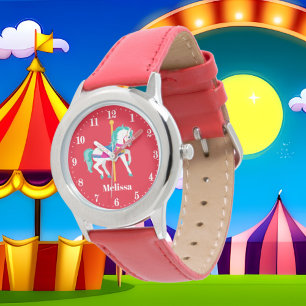 Cute girls carousel horse add name watch