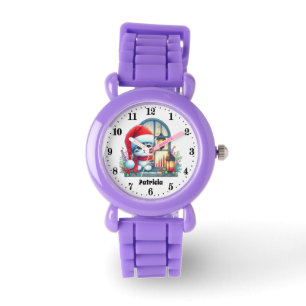 Cute girls Christmas cat add name Watch