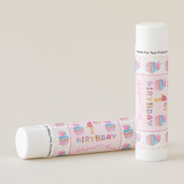 Cute Girls Cupcakes Happy 1st Birthday Lip Balm (Front)