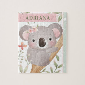 Cute Girl's Custom Name Koala Bear Pink & Green Jigsaw Puzzle