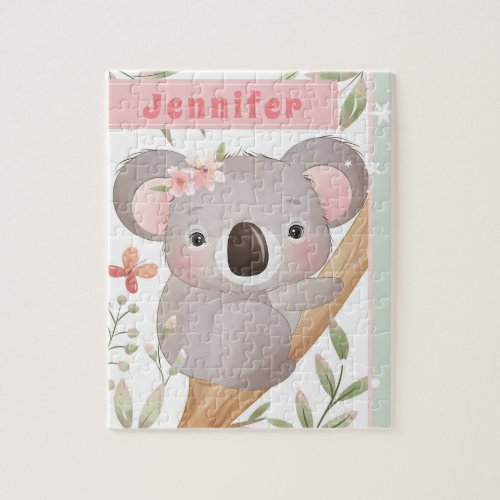 Cute Girls Custom Name Koala Bear Pink  Green Jigsaw Puzzle