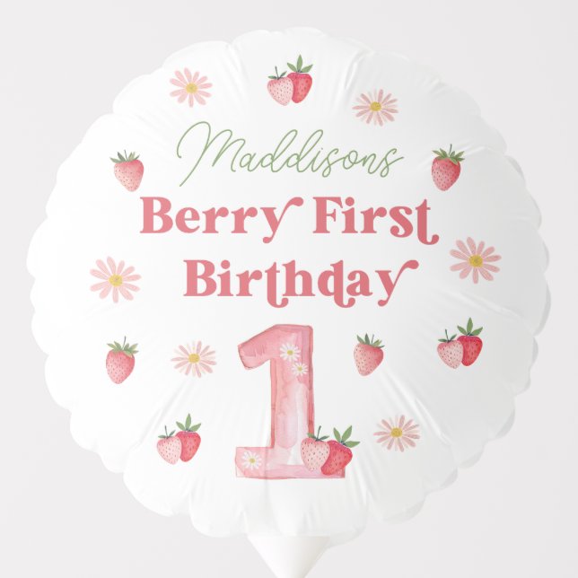 Cute Girls Daisies Strawberry First Birthday Party Balloon (Front)