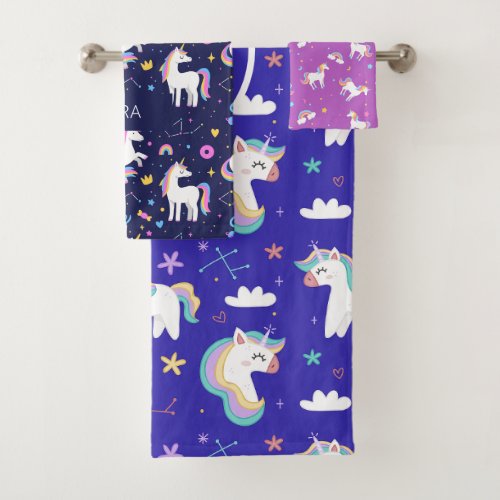 Cute Girls different  Unicorn Pattern  Name Kids Bath Towel Set