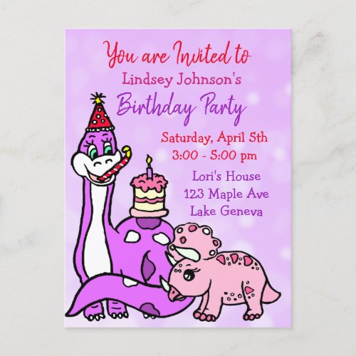 Cute Girls Dinosaur Birthday Party Invitations