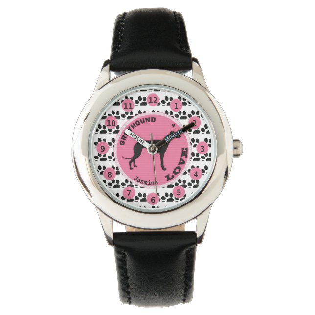 Cute Girls Dog Paw Greyhound Kids Personalize Name Watch (Front)