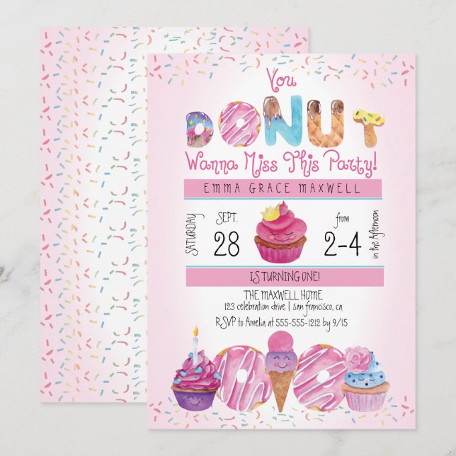 Cute Girls Donuts | Cupcakes 1st Birthday Party Invitation (Front/Back)