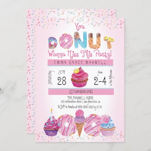 Cute Girls Donuts  Cupcakes 1st Birthday Party Invitation