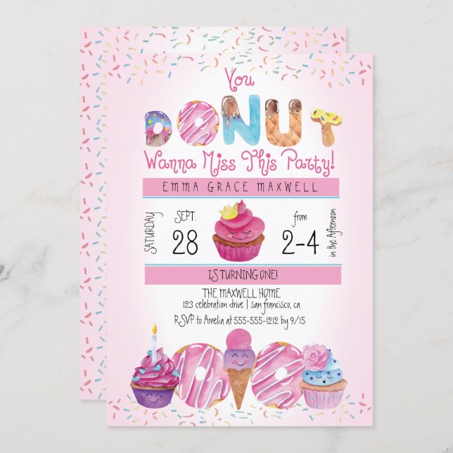 Cute Girls Donuts | Cupcakes 1st Birthday Party Invitation (Front/Back)