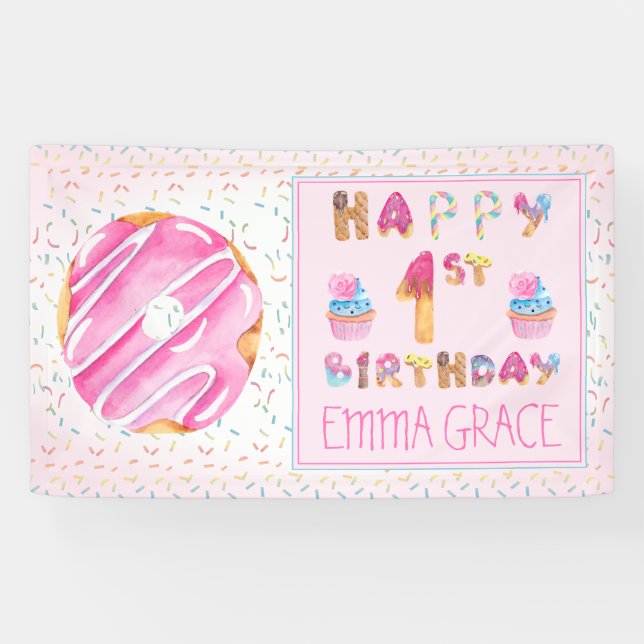 Cute Girls Donuts | Cupcakes Happy 1st Birthday Banner (Horizontal)