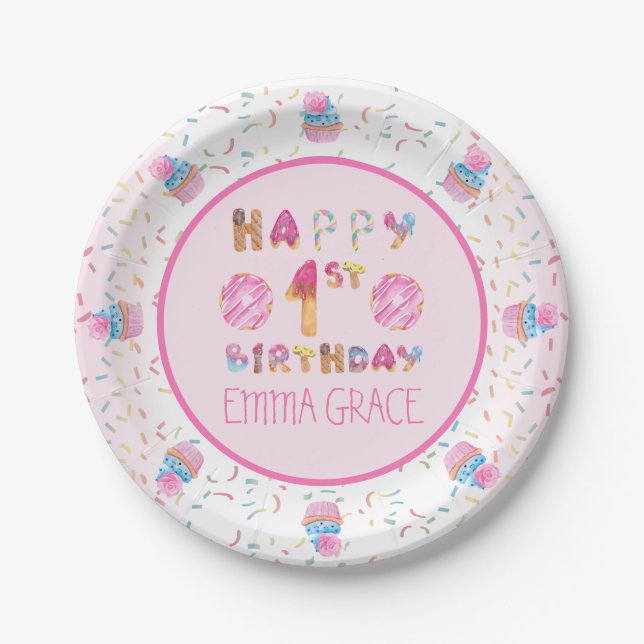 Cute Girls Donuts | Cupcakes Happy 1st Birthday Paper Plates (Front)