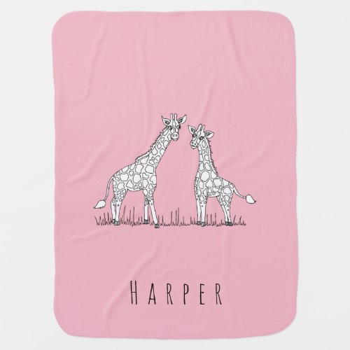 Cute Girls Doodle Giraffe Safari Pop  Name Stroller Blanket