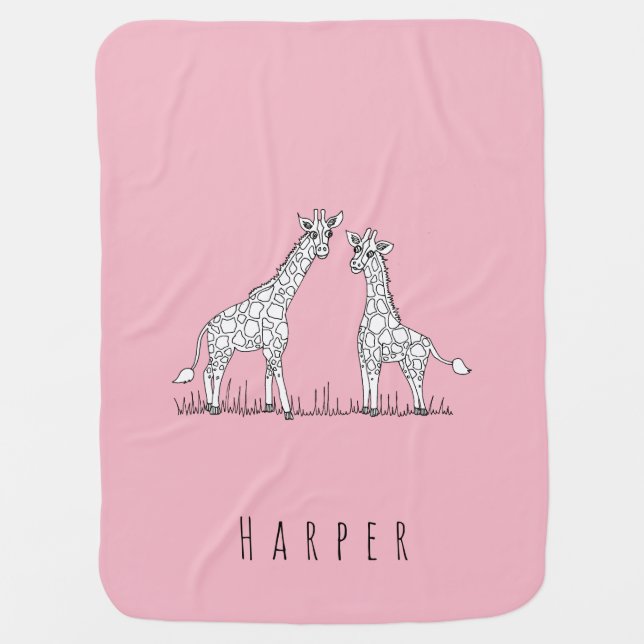 Cute Girl's Doodle Giraffe Safari Pop & Name Stroller Blanket (Front)
