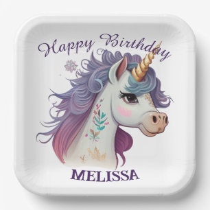 Cute Girls Elegant Purple Magical Unicorn Birthday Paper Plates