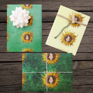 Cute Girls Face Middle of Yellow Sunflower Greens Wrapping Paper Sheets