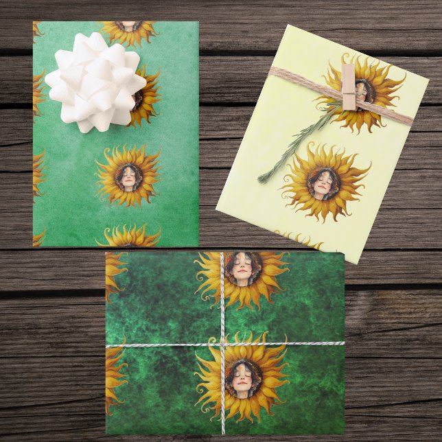 Cute Girls Face Middle of Yellow Sunflower Greens Wrapping Paper Sheets (Cute smiling girls face inside yellow sunflowers on shads of green and yellow gift wrap sheets.)