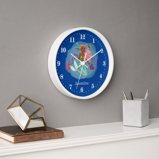 cute girls fantasy mermaid add name Large Clock  (Office)