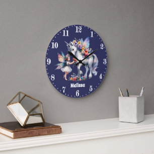 Cute girls fantasy unicorn fairy add name large clock